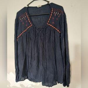 Japna Navy Blue Long Sleeve Top with Embroidered Accents (0302)
